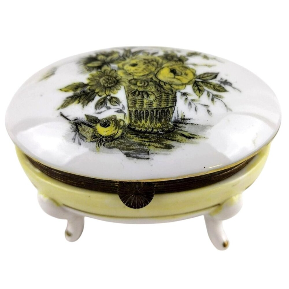 Isco Trinket Box Hand Painted Footed Yellow Gold Sunflower Floral W6322 Vintage